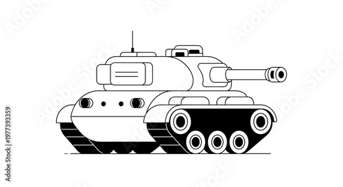 Monochromatic stylized military tank with clean lines and bold geometric shapes, featuring a prominent turret and tracks, perfect for educational materials, historical
