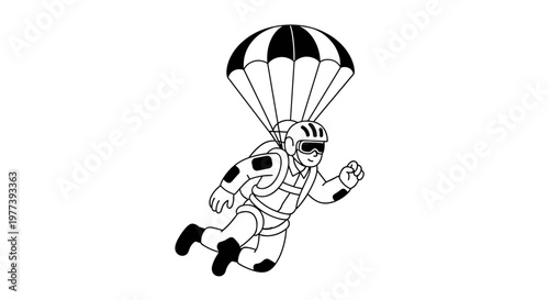 Joyful skydiver with black and white parachute descends gracefully, wearing protective helmet and goggles, conveying freedom, adventure, and exhilaration through clean lines and