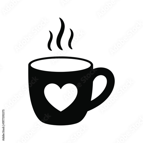 Black coffee cup with steam and heart symbol minimalist