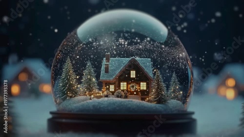 Magic Christmas Snow Globe with Cozy Winter House and Falling Snow