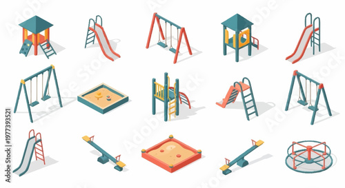 Collection of isometric playground equipment icons, including swings, slides, sandboxes, and merry-go-rounds, on a white background.