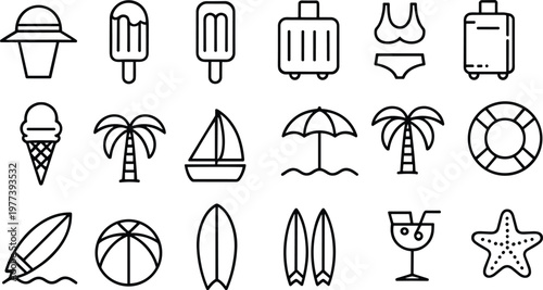 Collection of summer vacation and beach icons, summer, vacation, beach, icons, set