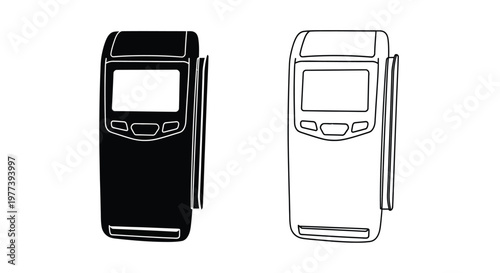 Two portable game consoles one black and one white in silhouette