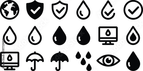 Black icons of water drops shields and computers on white background