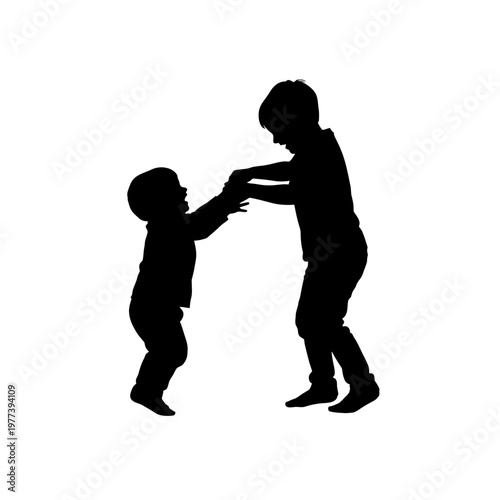 A black silhouette illustration of a child helping another child stand up