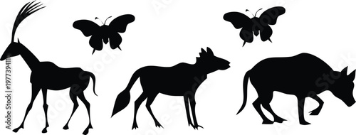 Photography Safari animals silhouettes gazelle, wildebeest, rhinoceros with butterflies