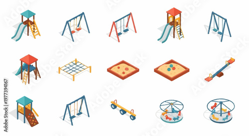 Collection of isometric playground equipment icons, including slides, swings, and sandboxes.
