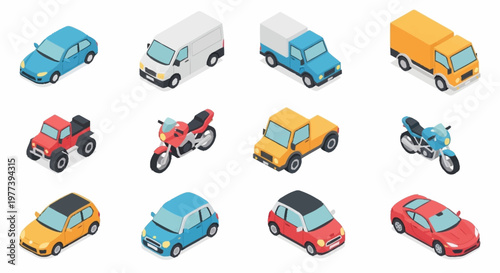 Collection of isometric vehicles including cars, vans, trucks, and motorcycles on a white background.