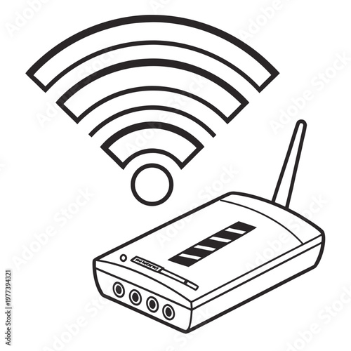 A vector graphic illustration of a WiFi router with a signal icon