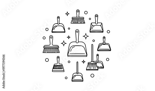 Dustpan and brush outline icons cleaning tool vector illustration set