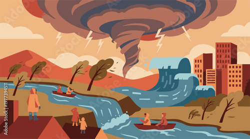 Natural disaster illustration: tornado, flood, and people in an affected landscape