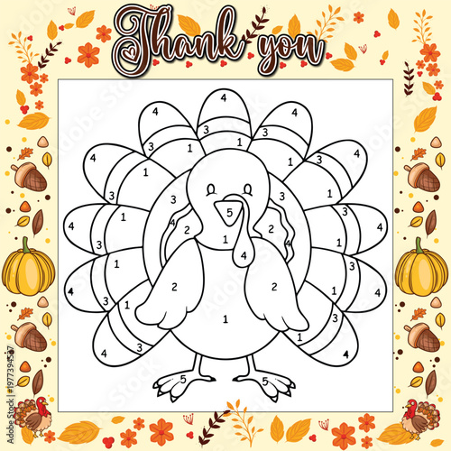 A large, friendly Thanksgiving turkey is outlined on a color-by-number coloring page, with numerical codes directing children to fill in each section of the bird's body and feathers.