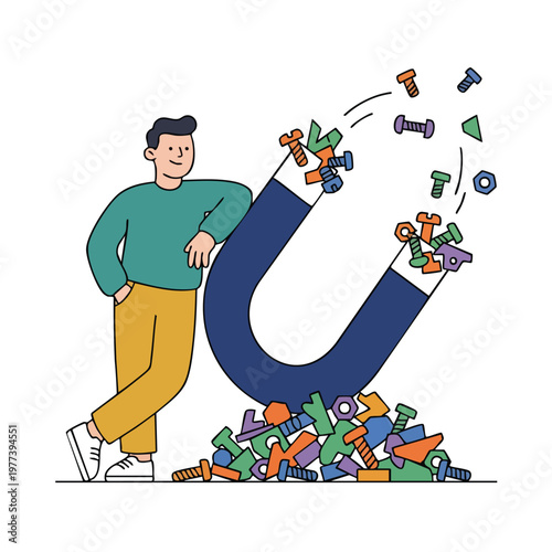 Man with Giant Horseshoe Magnet Attracting Small Metal Objects.