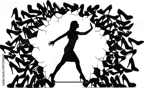 A minimalist vector illustration of a woman breaking free from a circle of high heels