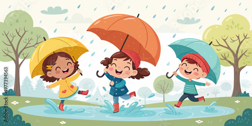Three happy children with umbrellas jumping in puddles during a rainy day group of children outdoor fun children umbrellas childhood outdoors activity laughter carefree illustration