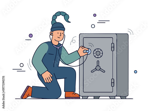 Man with Scorpion Tail Inspecting Safe with Stethoscope.