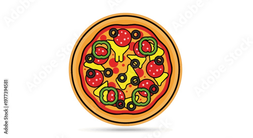 Delicious Cartoon Pizza with Pepperoni, Olives, and Green Peppers