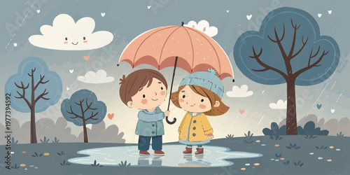 Couple sharing an umbrella under the rain in a puddle romantic mood umbrella romantic together outdoors childhood illustration children relationship protection