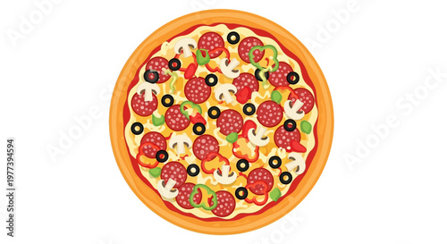 Delicious Pizza with Pepperoni, Olives, Mushrooms, and Vegetables, Top View