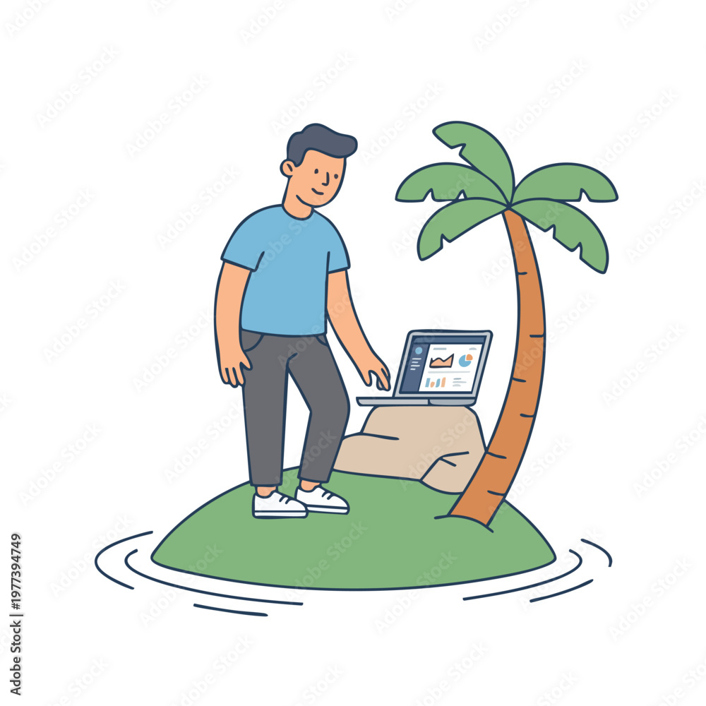 Fototapeta premium Man working on laptop on a small island paradise.