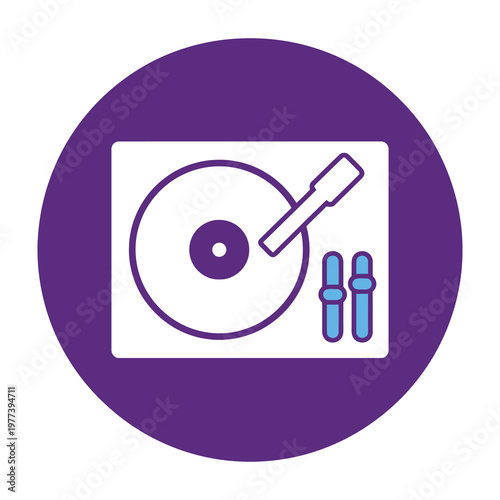 Vinyl record player turntable with two blue cylinders on white background