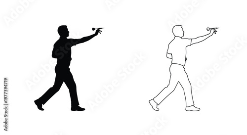 Two views of a man throwing a dart a striking silhouette