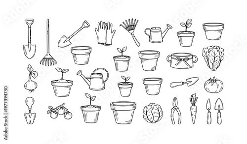 Obraz na płótnie Gardening Doodle Icons Set Garden Tools Seedlings Vector Illustration