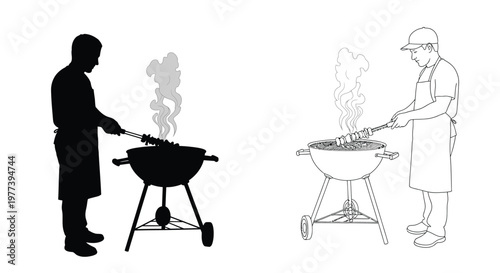 Two men grilling outdoors one shown as a dark silhouette