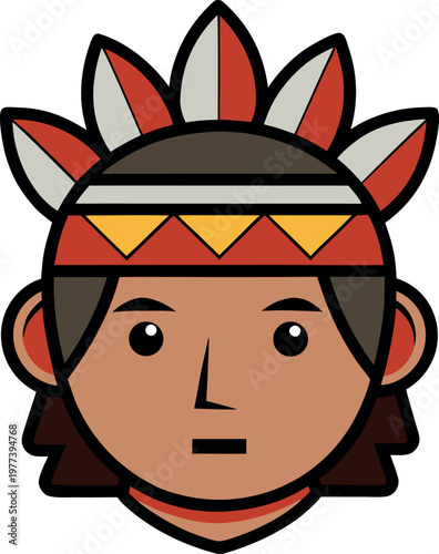 Minimalist Native American Chief Head Vector Tribal Feather Headdress Portrait