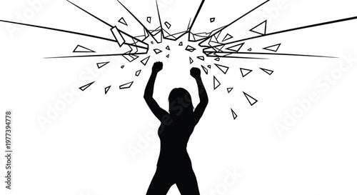 A powerful woman smashing through a glass ceiling in a bold, minimalist vector illustration