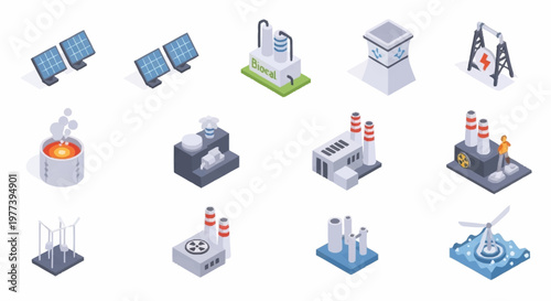 Collection of isometric industrial buildings and energy production icons, including solar panels, wind turbines, and factories.