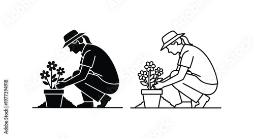 Two gardeners tending to potted plants a striking black silhouette