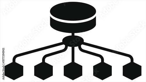 Hierarchical Organizational Structure Icon: Black Silhouette of Central Database Connected to Multiple Hexagonal Nodes for Network Topology, Data Distribution, and Corporate Management Flow Chart