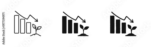 Economic decline icon set with bar chart, down arrow, and plant in line, solid, and sketch styles