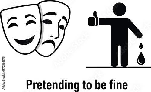 A vector graphic illustration depicting a person pretending to be fine with a thumbs up while secretly crying