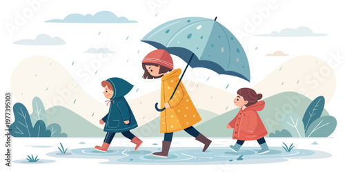 Mother and two children walking under an umbrella in the rain with rainy day children umbrella raincoat childhood illustration together activities celebration happiness lifestyle