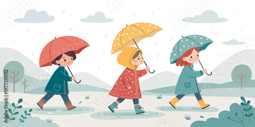 Three children holding umbrellas and walking in puddles with rainy day children umbrella raincoat childhood splashing illustration together activities celebration happiness