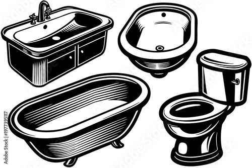 A collection of black and white illustrations shows various bathroom fixtures, including a sink with drawers, a bidet, a clawfoot bathtub, and a toilet.