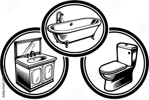 A black and white illustration displays a classic clawfoot bathtub, a sink vanity with a mirror, and a toilet, presented in three circular frames.