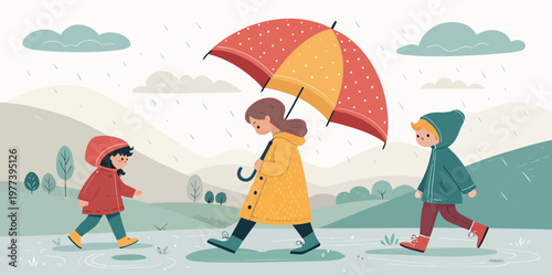 Two children and a parent under an umbrella walking in puddles with rainy day children umbrella raincoat childhood illustration together activities celebration happiness lifestyle