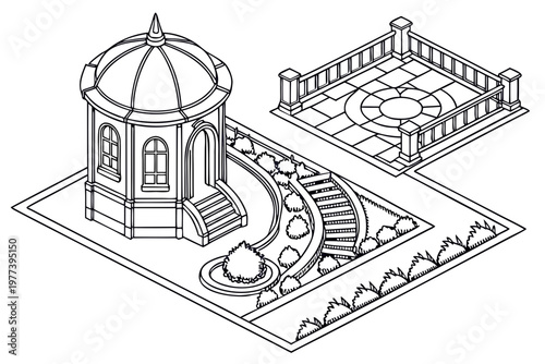 A black and white isometric illustration depicts a garden gazebo with a domed roof and an ornate balcony terrace, set within a landscaped garden setting.