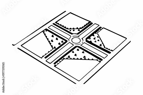 An isometric black and white illustration displays a four-quadrant garden layout with pathways, circular features, and planted areas, creating a symmetrical design.