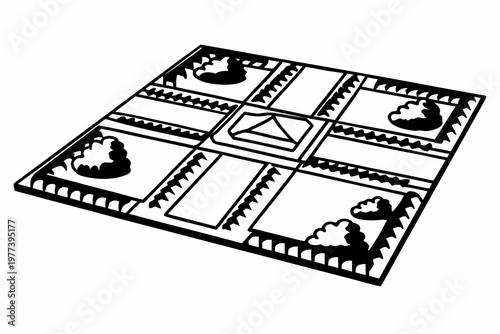 A black and white isometric illustration depicts a structured board game or a formal garden plan with distinct zones and a central element, viewed from above.