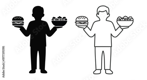 Child presenting burgers and salad a contrasting depiction silhouette