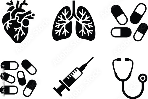 Medical icons set, black silhouette vector illustration featuring heart lungs pills capsules syringe stethoscope and hospital equipment for healthcare and medicine design.
