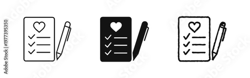 Love list icon set with heart checklist and pen in line, solid, and hand-drawn sketch styles