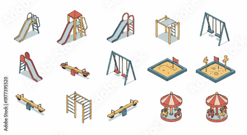 Collection of isometric playground equipment icons, including slides, swings, seesaws, and merry-go-rounds.