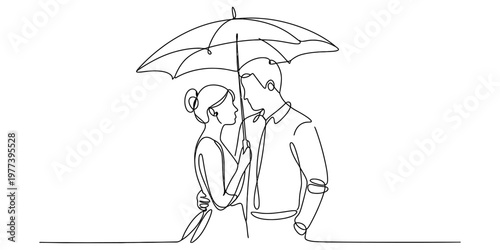 A beautiful continuous line drawing of a loving couple standing together under an open umbrella Vector, illustration