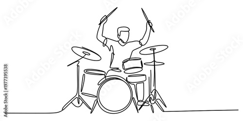 A continuous line drawing of a musician energetically playing a drum set in a minimalist style Vector, illustration
