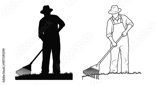 Two depictions of a farmer with a rake one in silhouette
